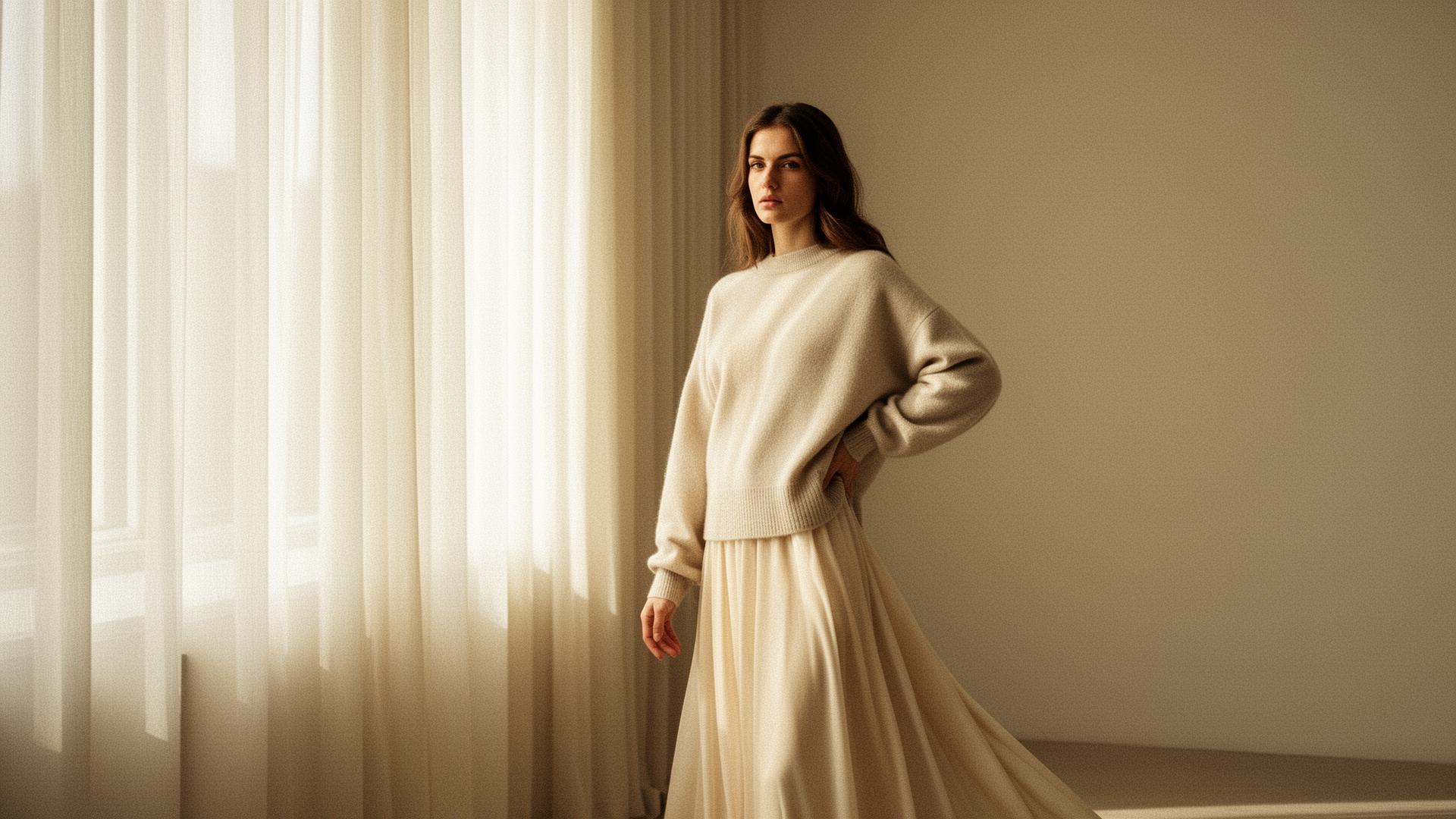 Editorial portrait of woman in cashmere knitwear